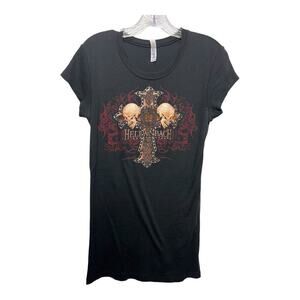Hellanbach Women's Skulls And Cross Burnout Biker Tee SZ XXL